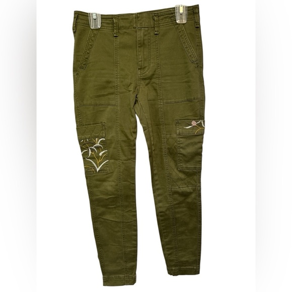 Anthropologie Austen Utility Pants Khaki Green Cotton Stretch Floral Pockets - Picture 1 of 8
